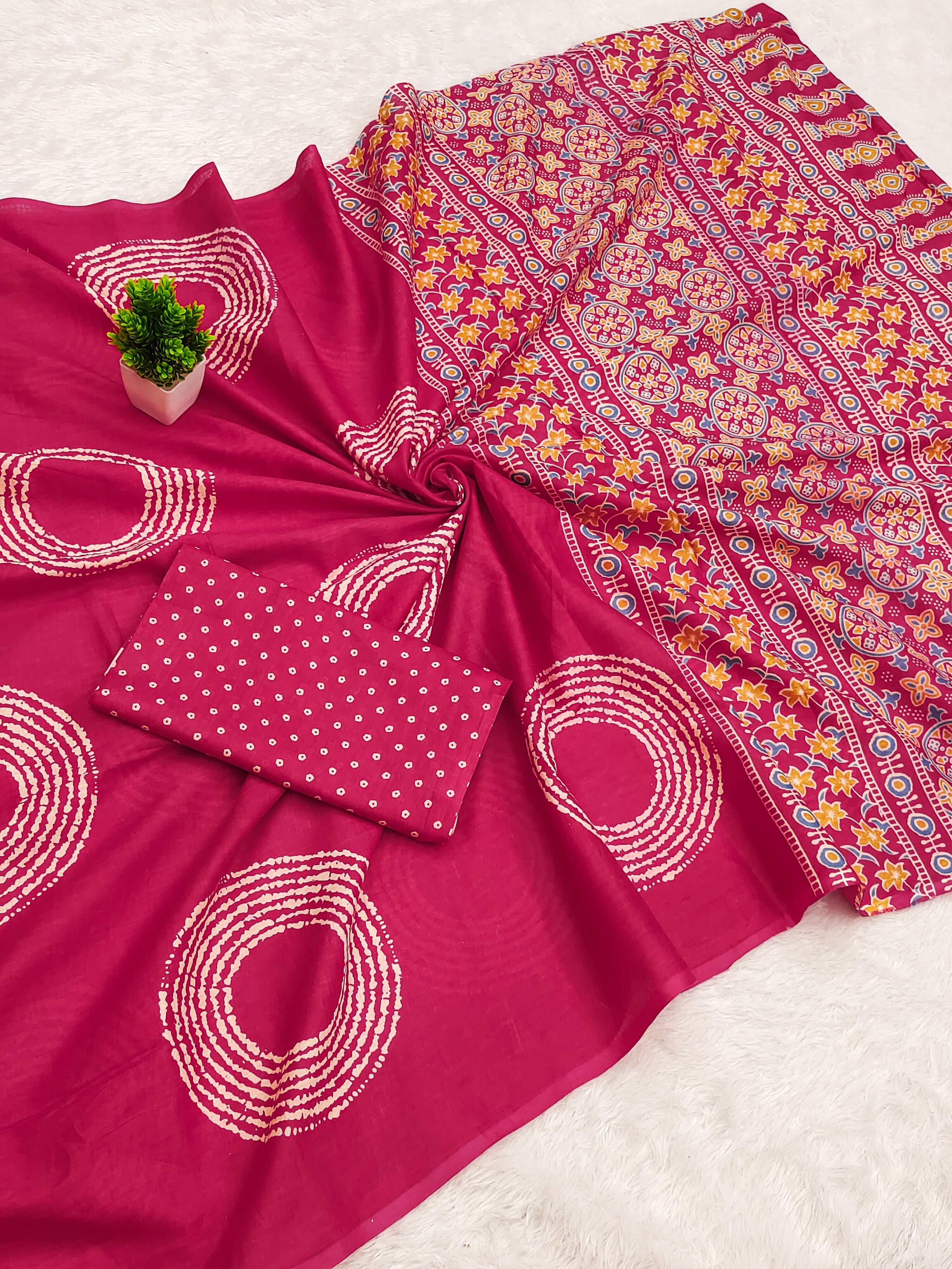 AJRAKH BANDHEJ PURE MULMUL COTTON  HAND BLOCK PRINT PINK SAREE