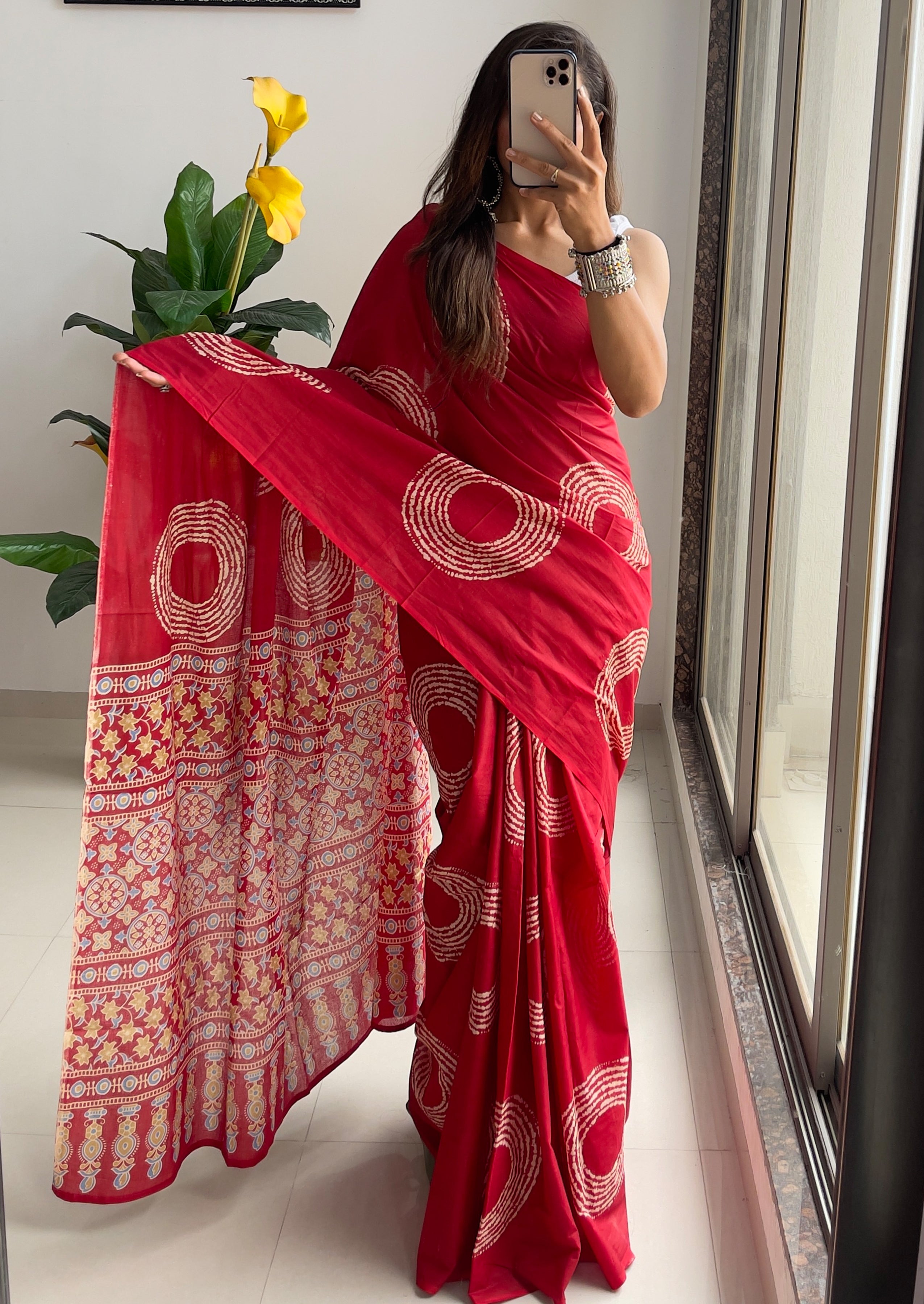 AJRAKH BANDHEJ PURE MULMUL COTTON  HAND BLOCK PRINT RED SAREE