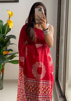 AJRAKH BANDHEJ PURE MULMUL COTTON  HAND BLOCK PRINT RED SAREE