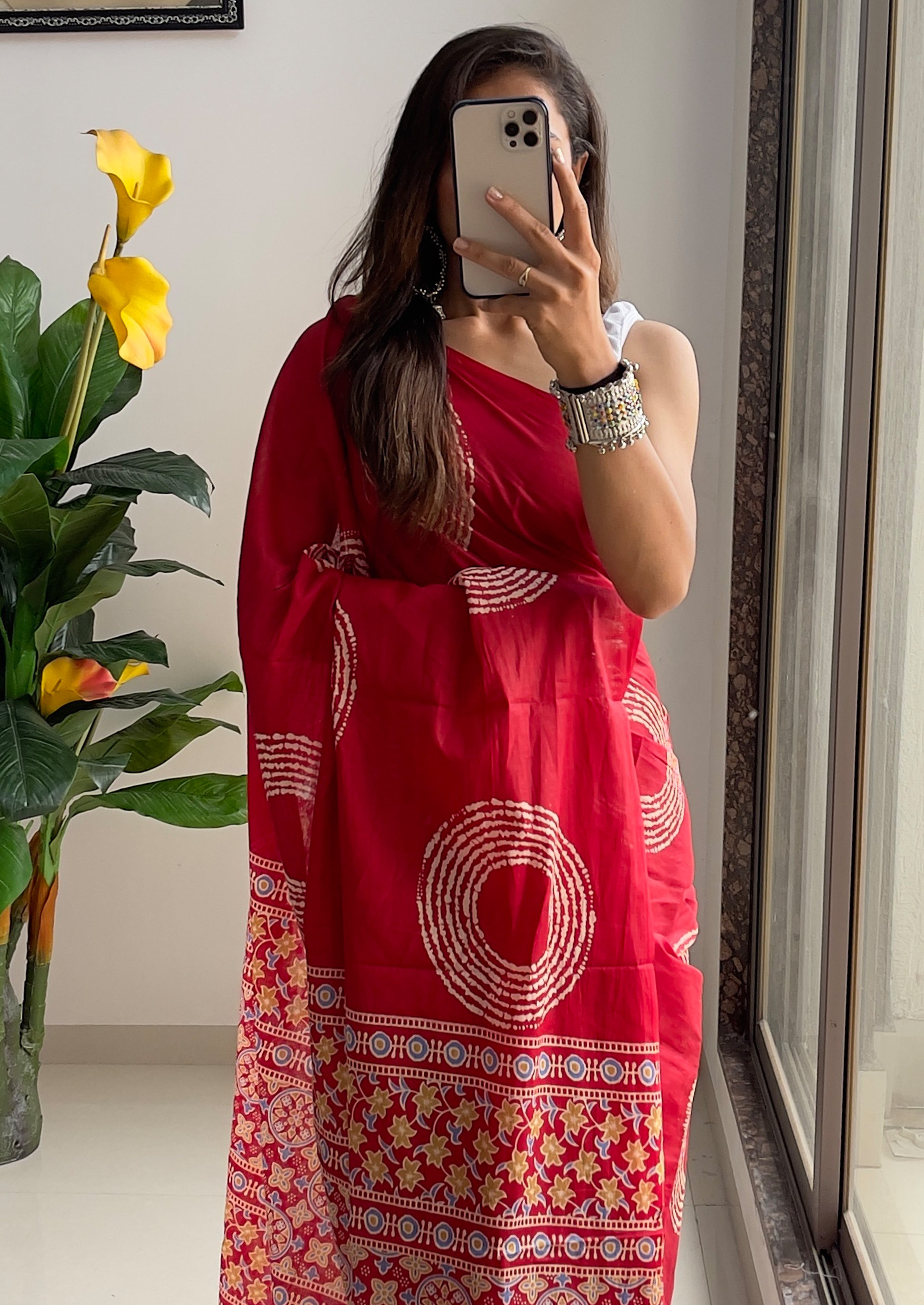 AJRAKH BANDHEJ PURE MULMUL COTTON  HAND BLOCK PRINT RED SAREE