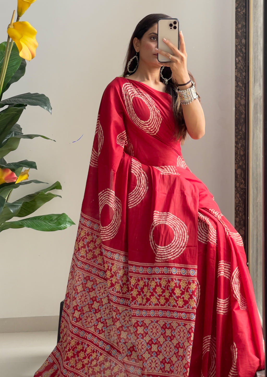 AJRAKH BANDHEJ PURE MULMUL COTTON  HAND BLOCK PRINT RED SAREE