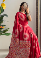 AJRAKH BANDHEJ PURE MULMUL COTTON  HAND BLOCK PRINT RED SAREE