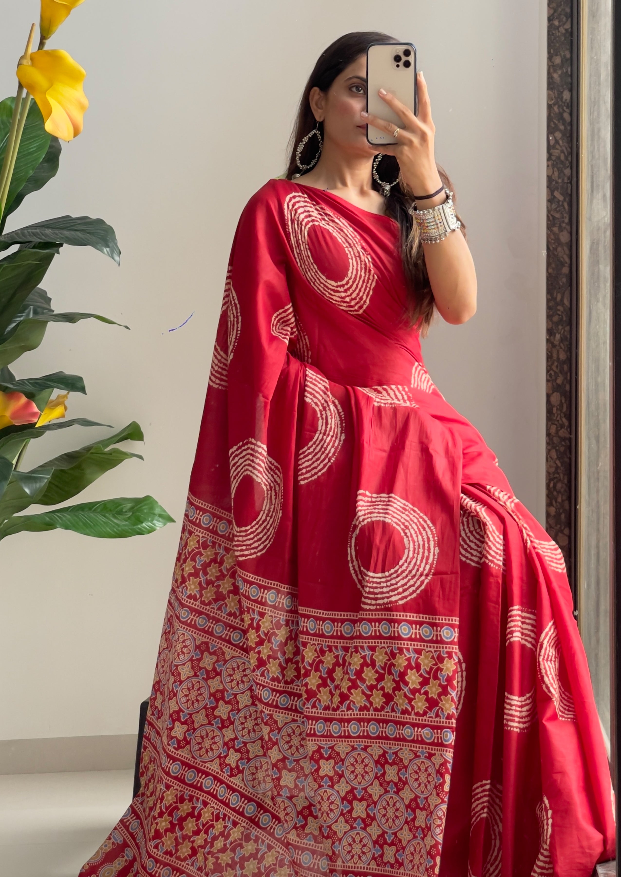 AJRAKH BANDHEJ PURE MULMUL COTTON  HAND BLOCK PRINT RED SAREE