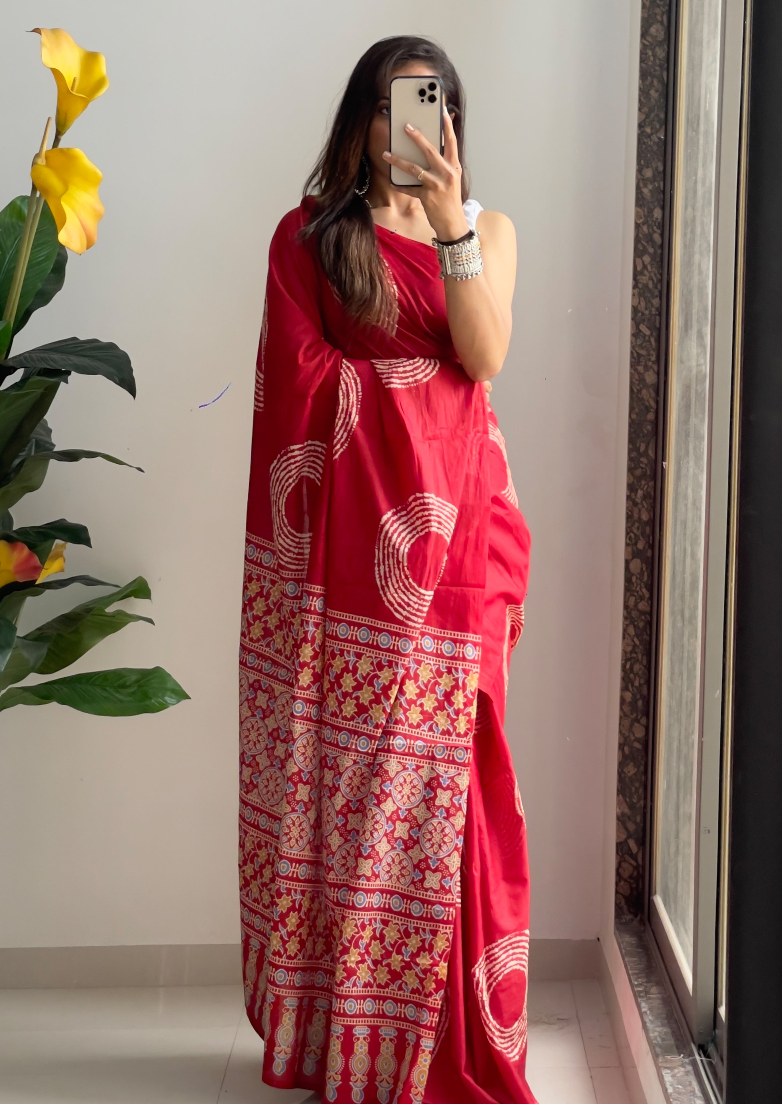 AJRAKH BANDHEJ PURE MULMUL COTTON  HAND BLOCK PRINT RED SAREE