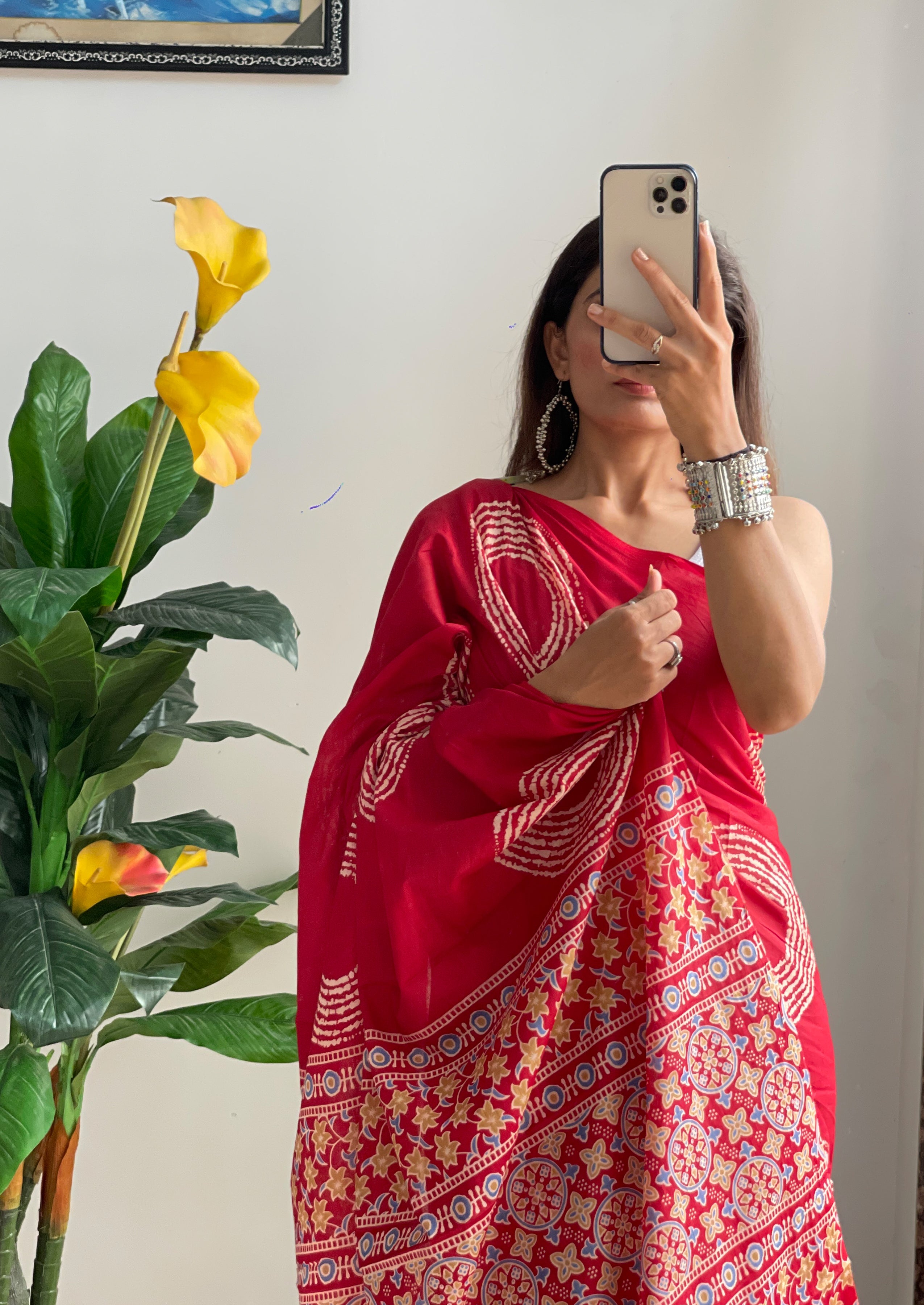 AJRAKH BANDHEJ PURE MULMUL COTTON  HAND BLOCK PRINT RED SAREE