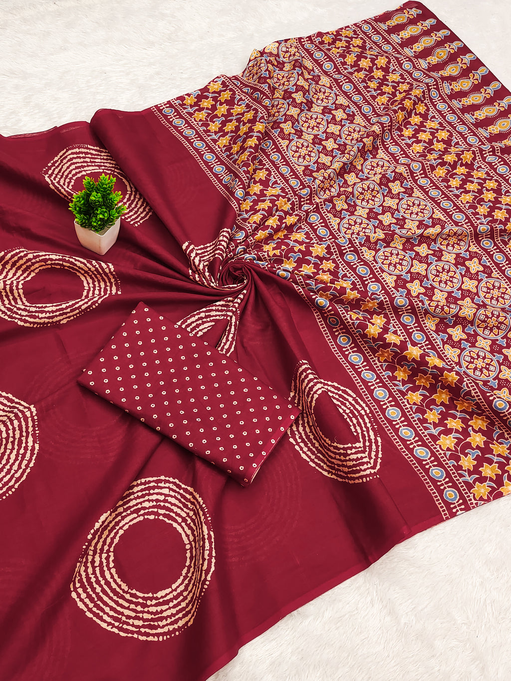AJRAKH BANDHEJ PURE MULMUL COTTON  HAND BLOCK PRINT RED SAREE