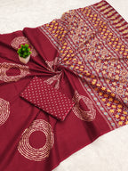 AJRAKH BANDHEJ PURE MULMUL COTTON  HAND BLOCK PRINT RED SAREE
