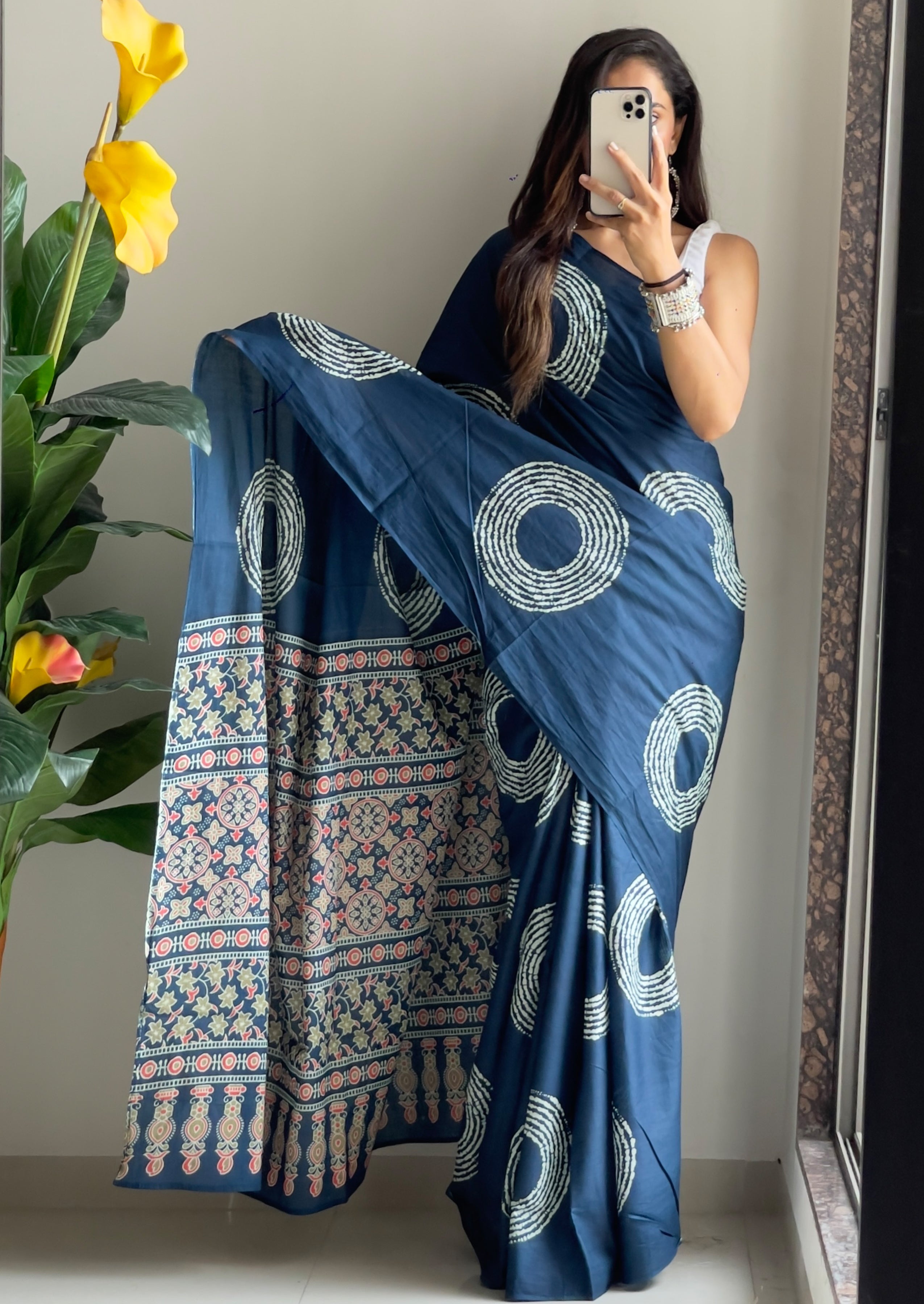 AJRAKH BANDHEJ PURE MULMUL COTTON  HAND BLOCK PRINT TEAL BLUE SAREE