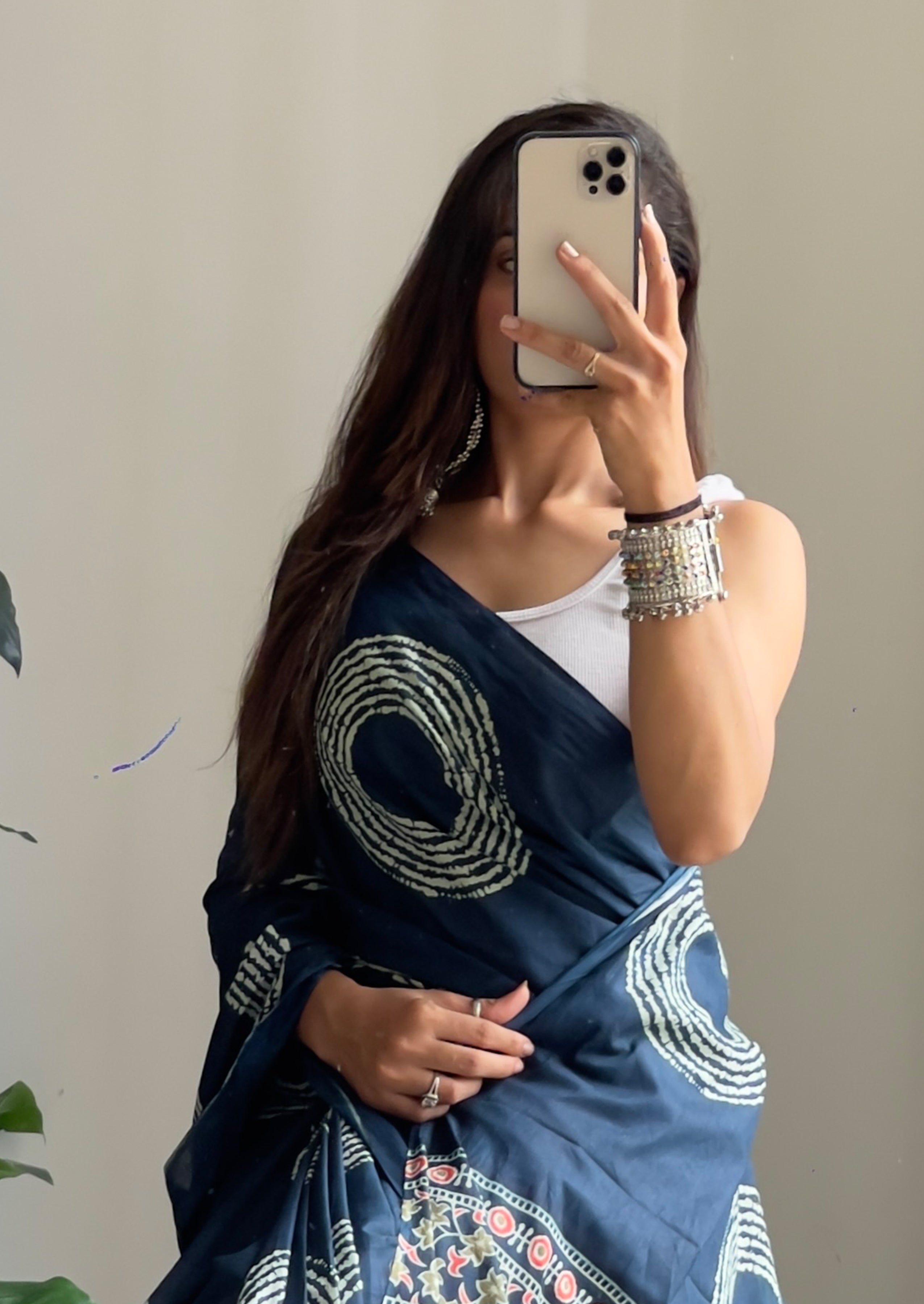 AJRAKH BANDHEJ PURE MULMUL COTTON  HAND BLOCK PRINT TEAL BLUE SAREE