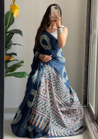 AJRAKH BANDHEJ PURE MULMUL COTTON  HAND BLOCK PRINT TEAL BLUE SAREE