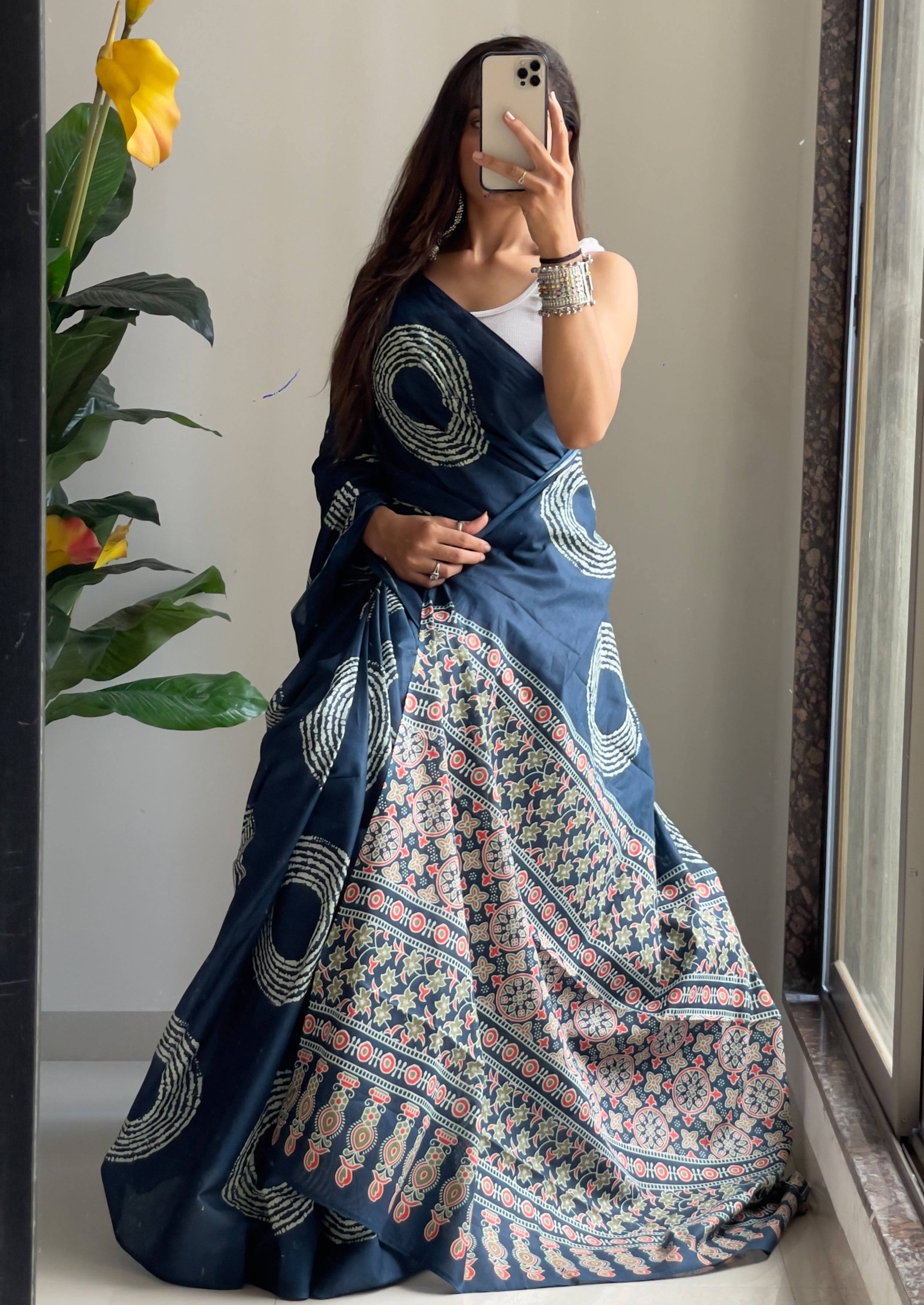 AJRAKH BANDHEJ PURE MULMUL COTTON  HAND BLOCK PRINT TEAL BLUE SAREE