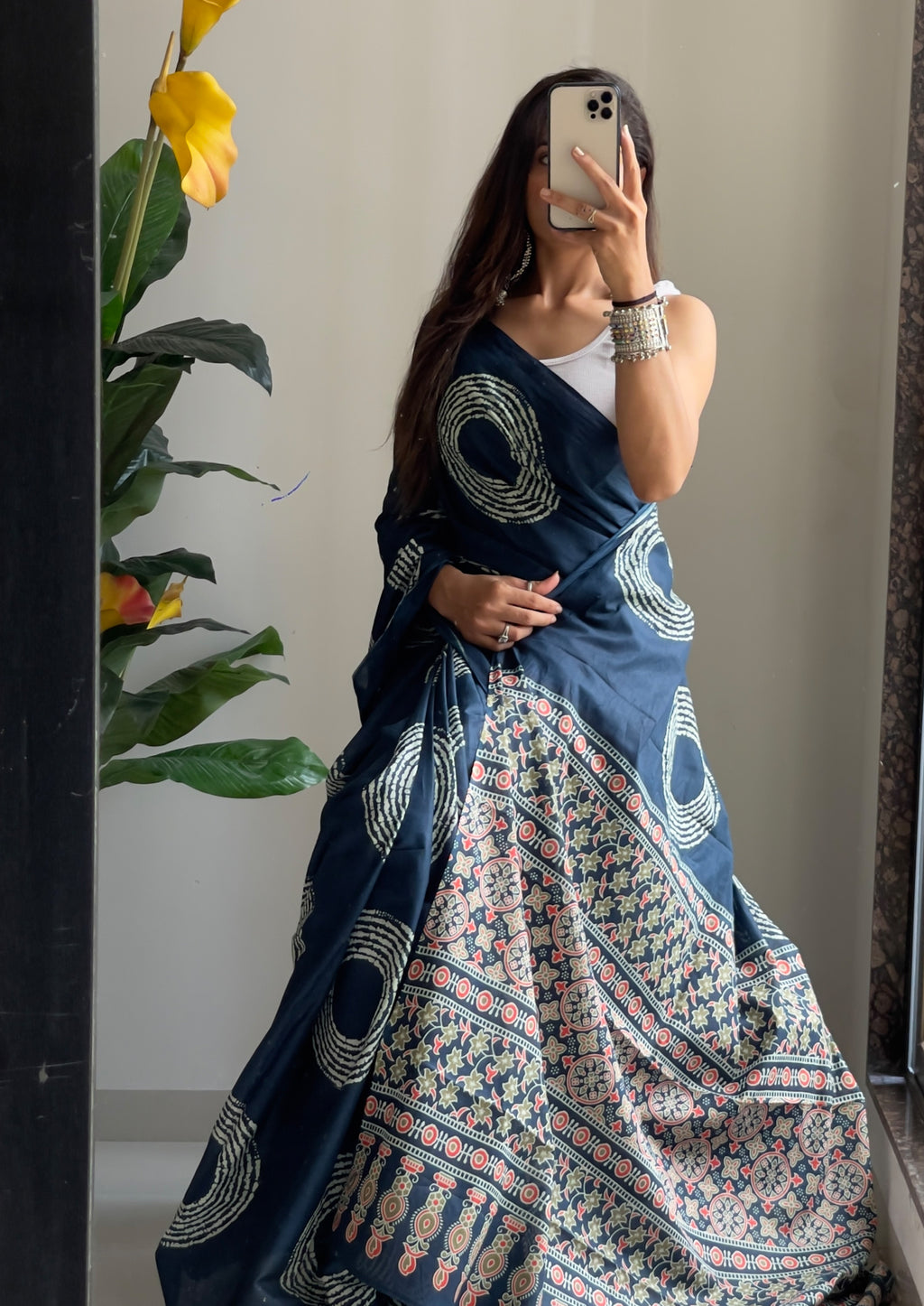AJRAKH BANDHEJ PURE MULMUL COTTON  HAND BLOCK PRINT TEAL BLUE SAREE