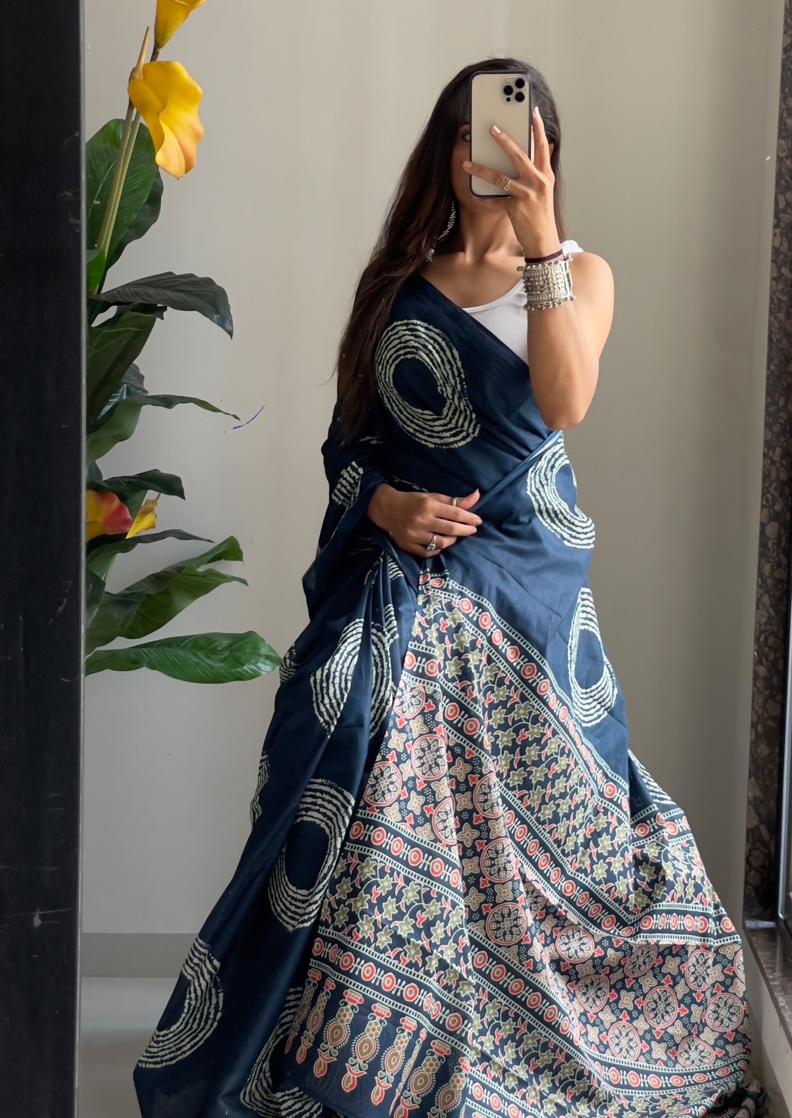 AJRAKH BANDHEJ PURE MULMUL COTTON  HAND BLOCK PRINT TEAL BLUE SAREE
