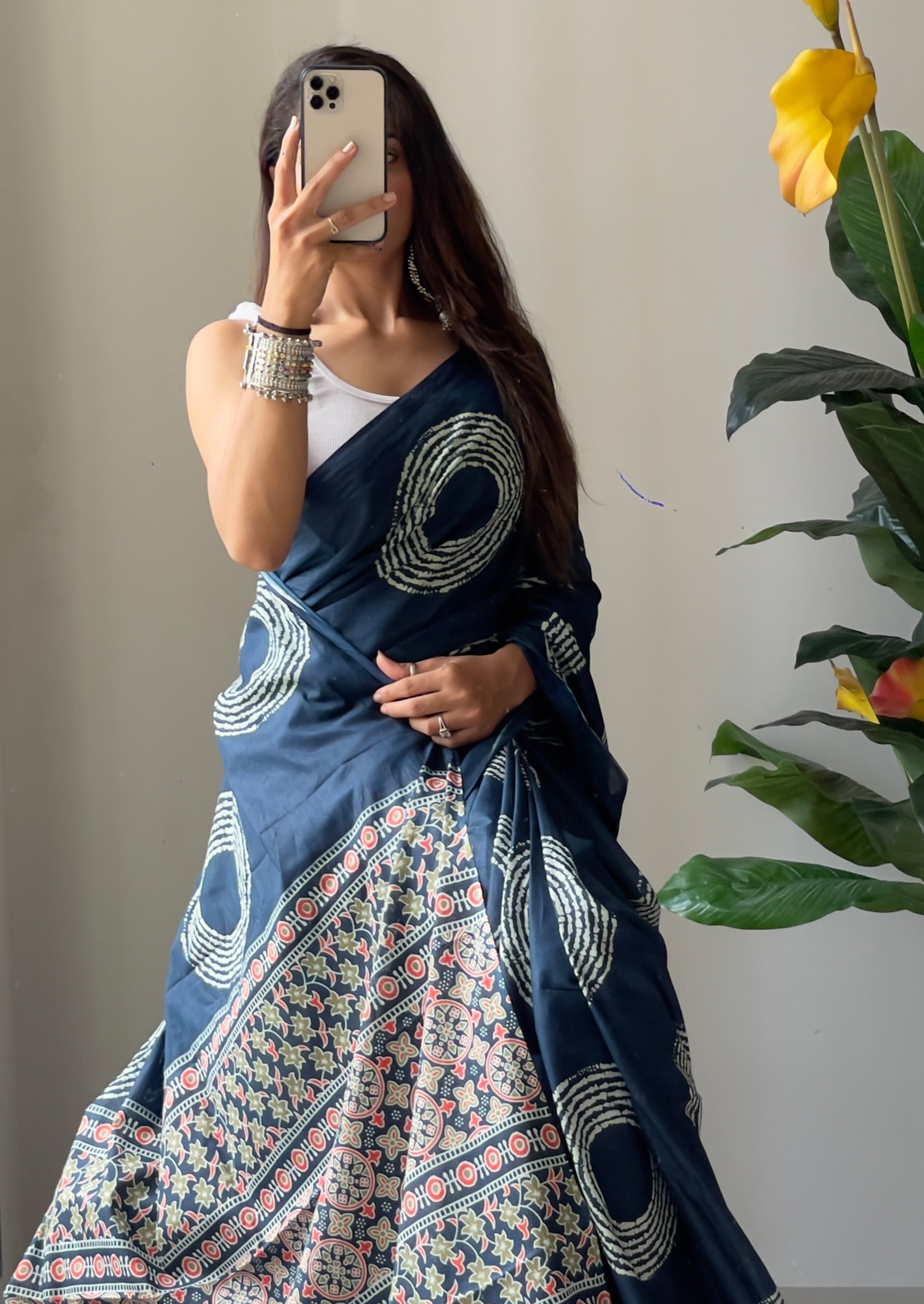 AJRAKH BANDHEJ PURE MULMUL COTTON  HAND BLOCK PRINT TEAL BLUE SAREE