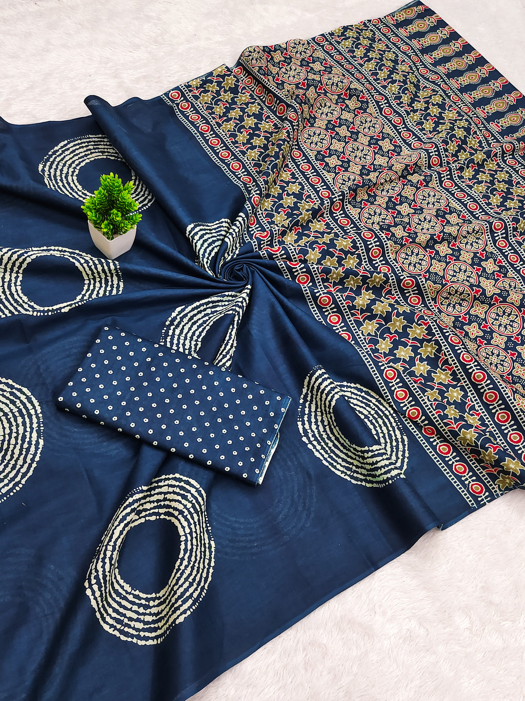 AJRAKH BANDHEJ PURE MULMUL COTTON  HAND BLOCK PRINT TEAL BLUE SAREE