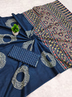 AJRAKH BANDHEJ PURE MULMUL COTTON  HAND BLOCK PRINT TEAL BLUE SAREE