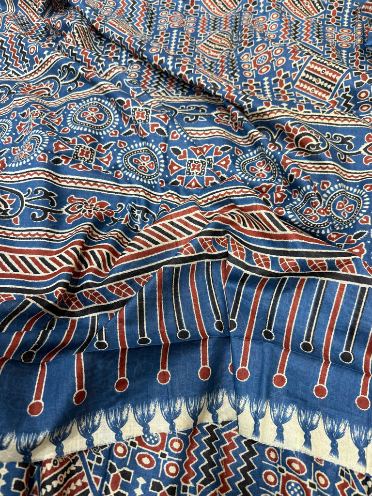 AJRAKH2 BLOCK PRINT PURE MULMUL COTTON BLUE SAREE