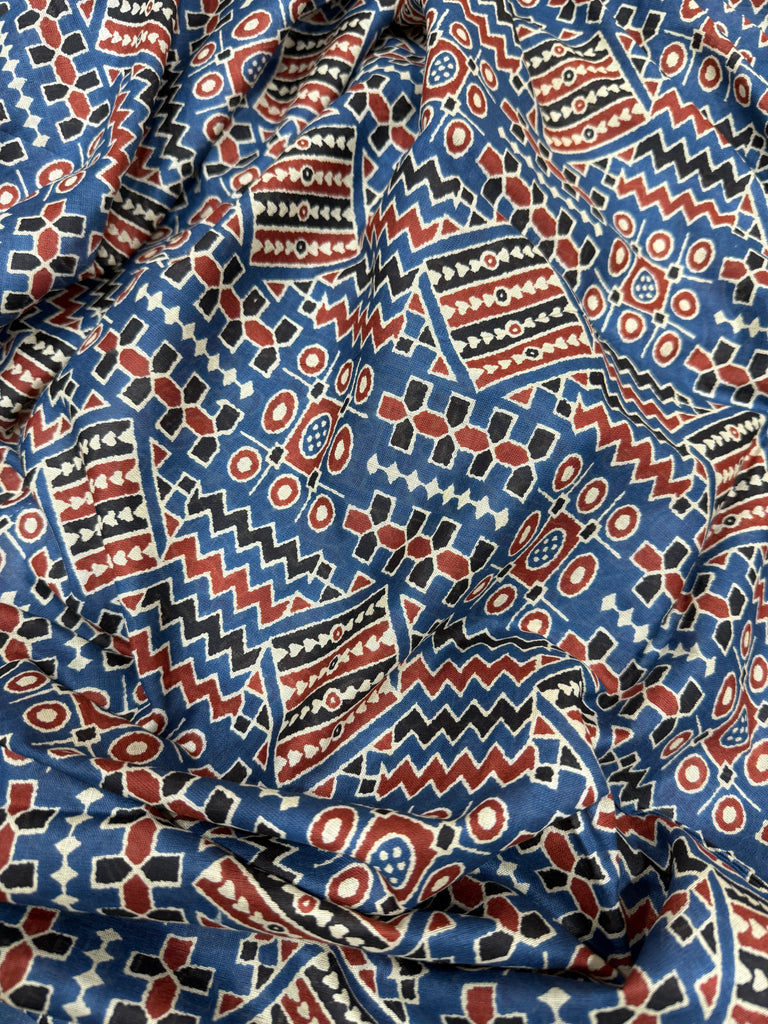 AJRAKH2 BLOCK PRINT PURE MULMUL COTTON BLUE SAREE