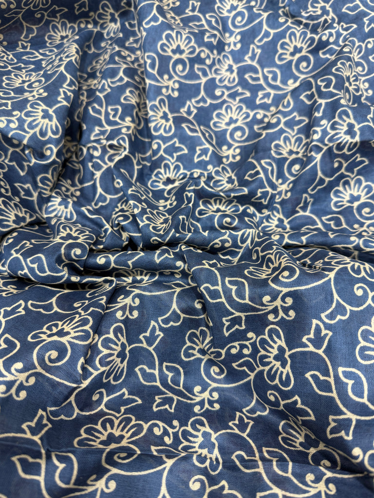 AJRAKH2 BLOCK PRINT PURE MULMUL COTTON BLUE SAREE