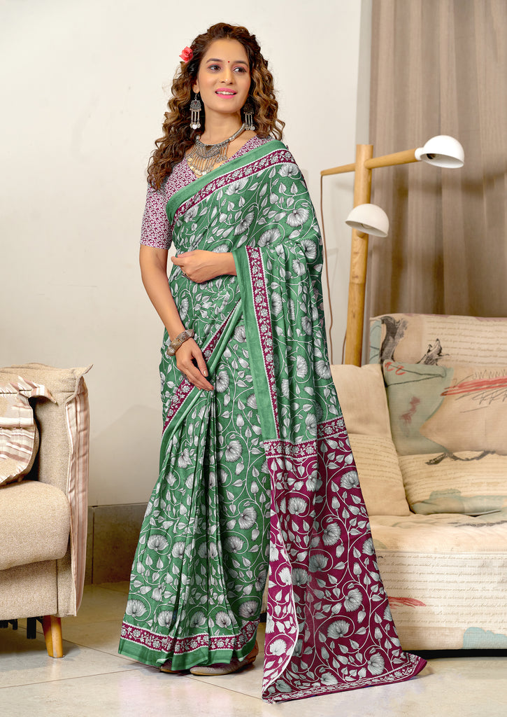 FLORAL HAND BLOCK STYLE PRINT MULMUL COTTON GREEN SAREE