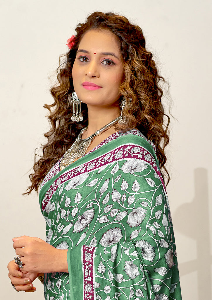 FLORAL HAND BLOCK STYLE PRINT MULMUL COTTON GREEN SAREE