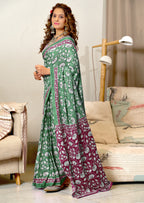 FLORAL HAND BLOCK STYLE PRINT MULMUL COTTON GREEN SAREE