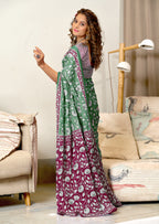 FLORAL HAND BLOCK STYLE PRINT MULMUL COTTON GREEN SAREE