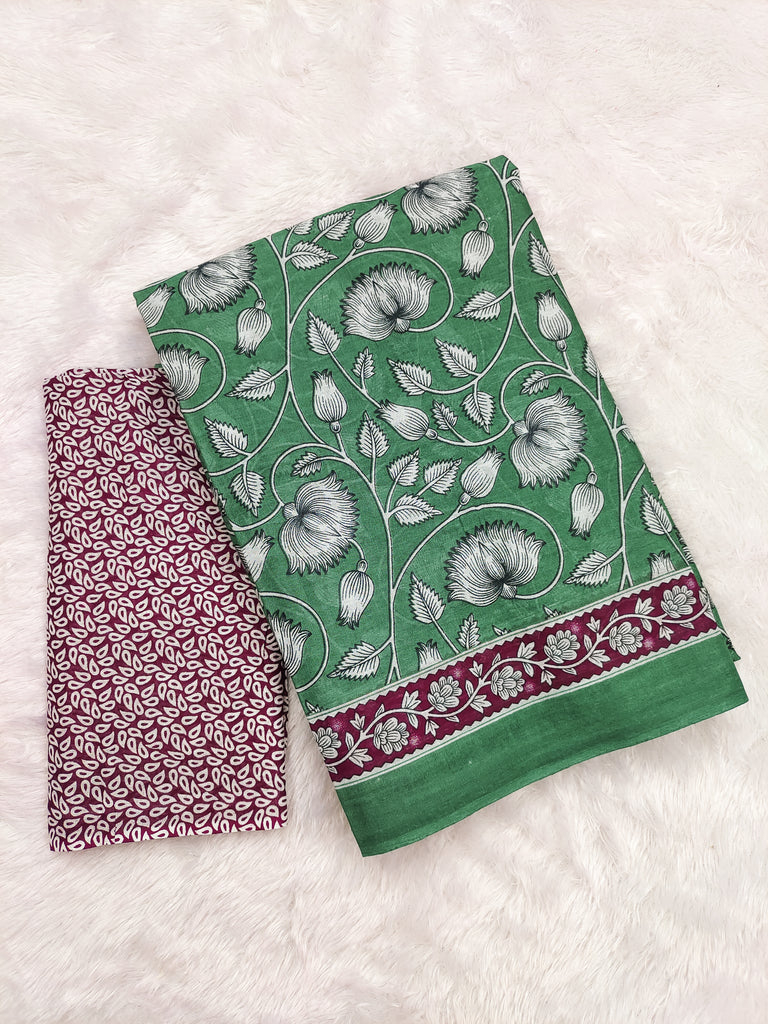 FLORAL HAND BLOCK STYLE PRINT MULMUL COTTON GREEN SAREE