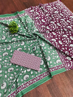 FLORAL HAND BLOCK STYLE PRINT MULMUL COTTON GREEN SAREE