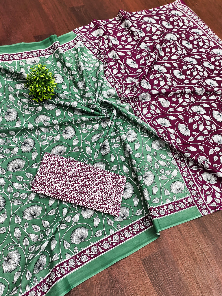 FLORAL HAND BLOCK STYLE PRINT MULMUL COTTON GREEN SAREE