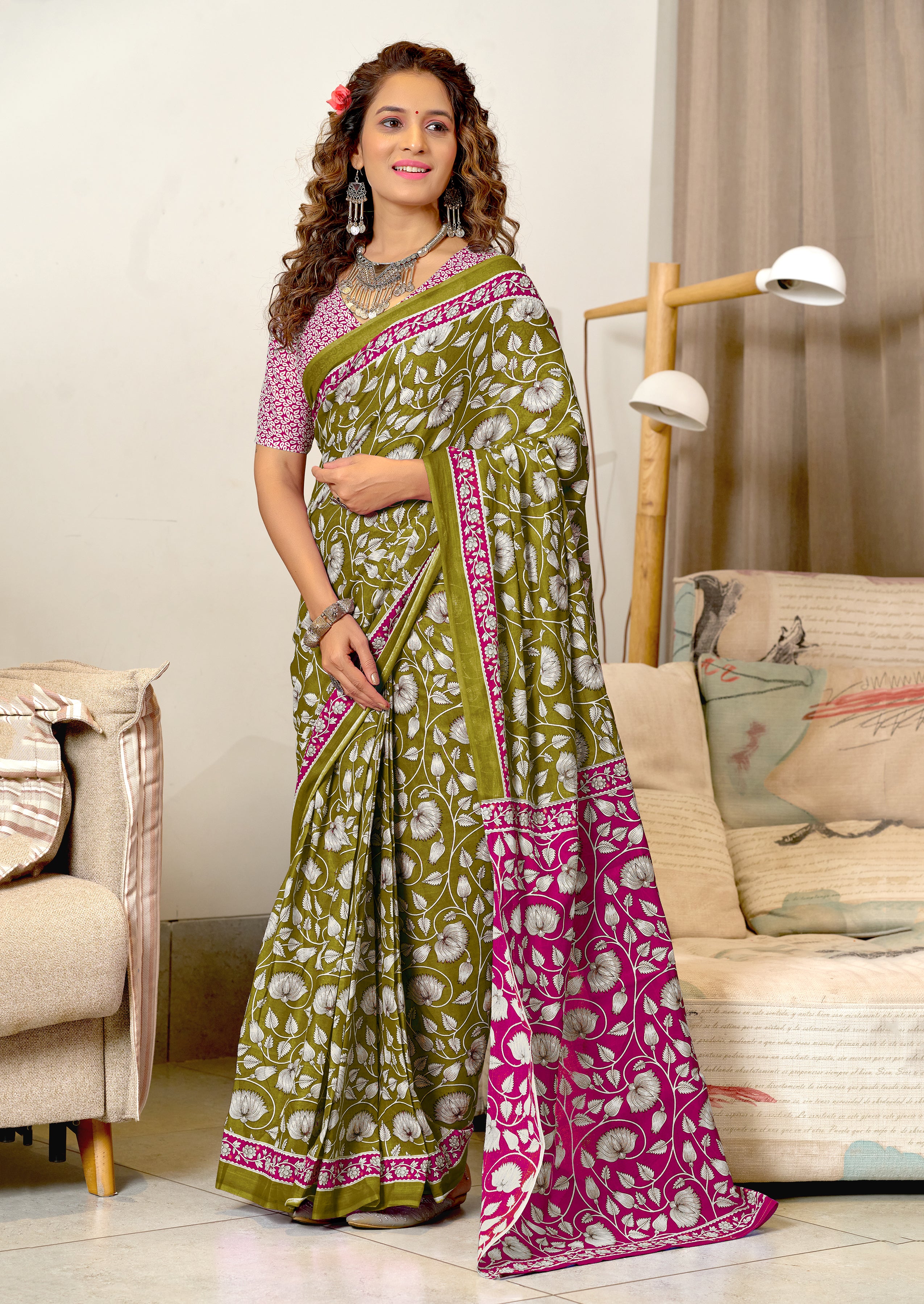 FLORAL HAND BLOCK STYLE PRINT MULMUL COTTON OLIVE GREEN SAREE