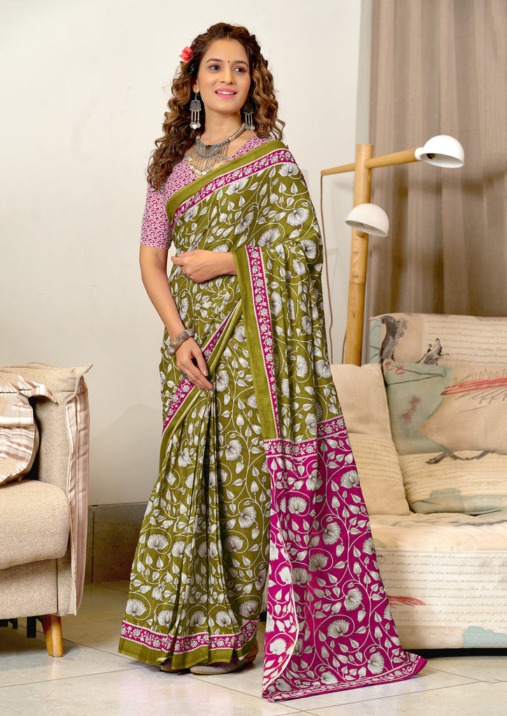 FLORAL HAND BLOCK STYLE PRINT MULMUL COTTON OLIVE GREEN SAREE