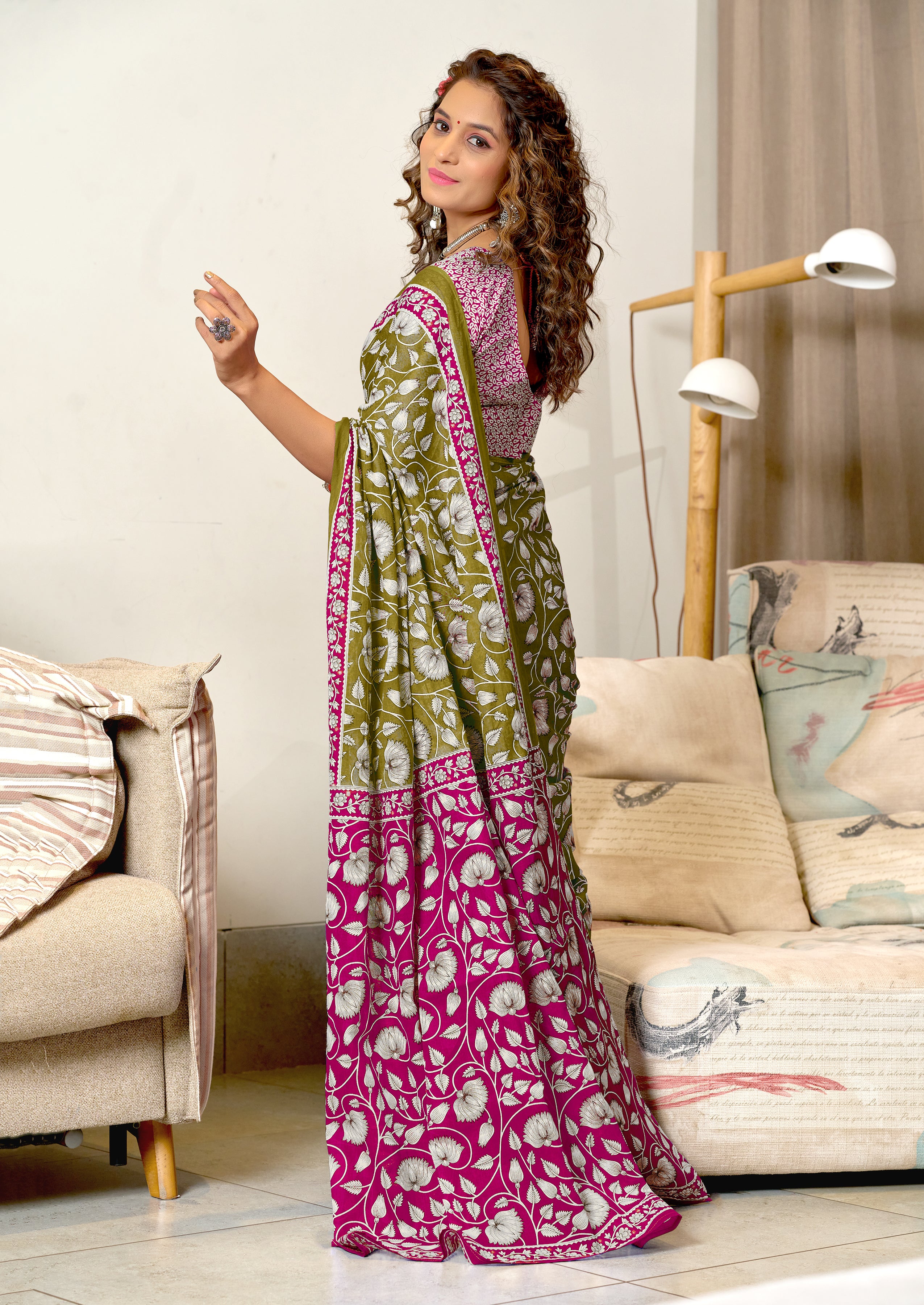 FLORAL HAND BLOCK STYLE PRINT MULMUL COTTON OLIVE GREEN SAREE