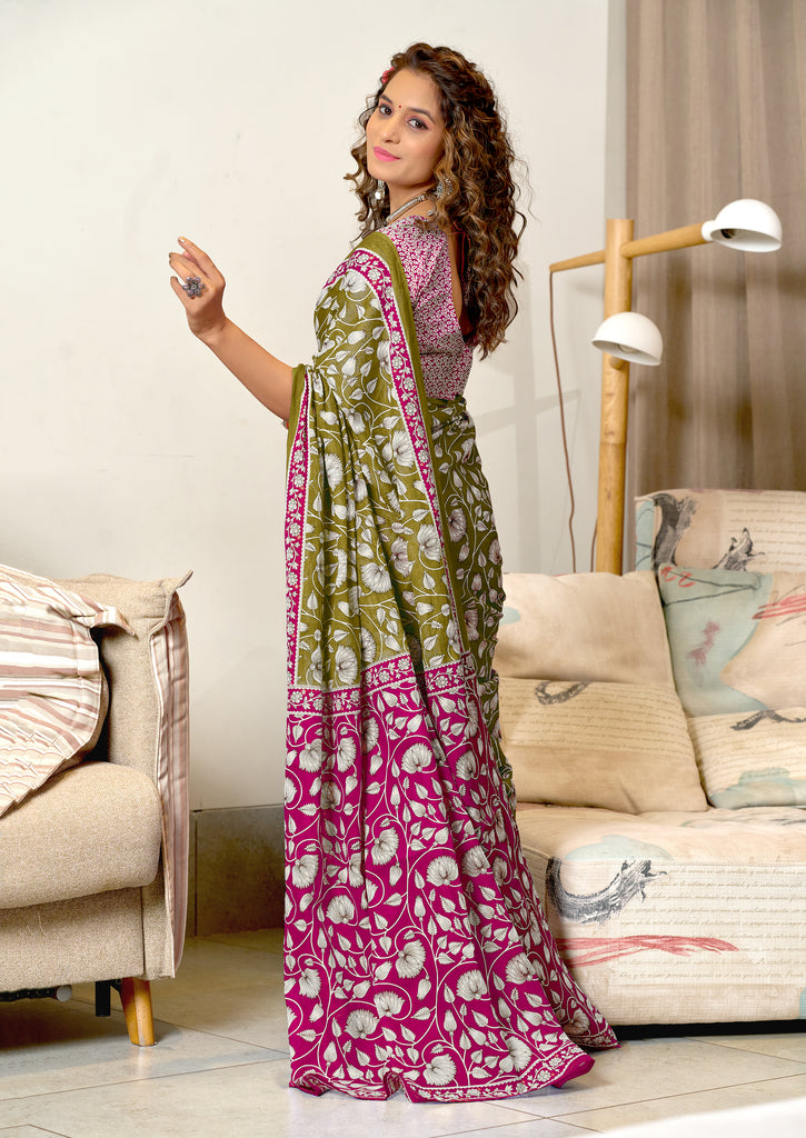 FLORAL HAND BLOCK STYLE PRINT MULMUL COTTON OLIVE GREEN SAREE