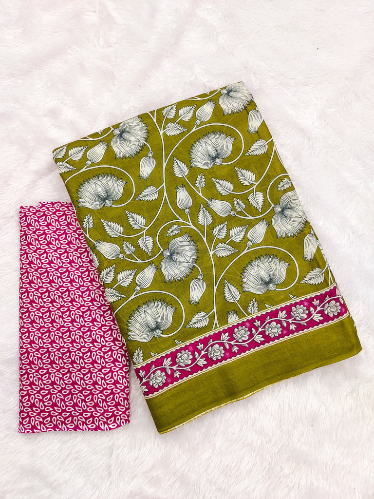 FLORAL HAND BLOCK STYLE PRINT MULMUL COTTON OLIVE GREEN SAREE