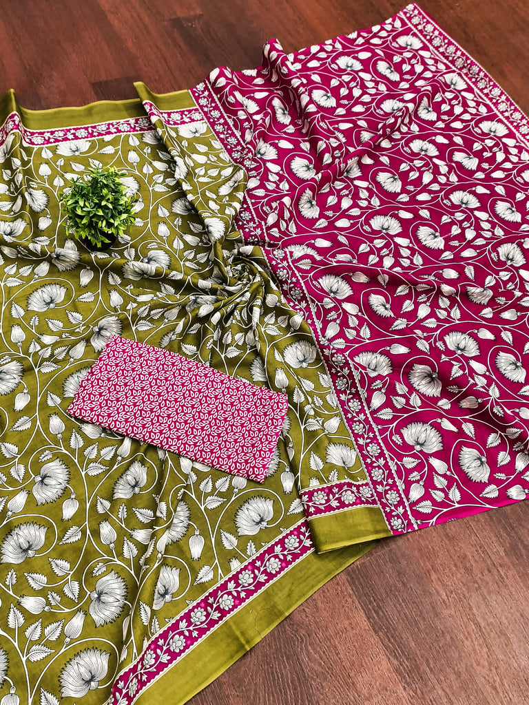 FLORAL HAND BLOCK STYLE PRINT MULMUL COTTON OLIVE GREEN SAREE