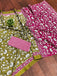 FLORAL HAND BLOCK STYLE PRINT MULMUL COTTON OLIVE GREEN SAREE