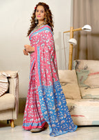 FLORAL HAND BLOCK STYLE PRINT MULMUL COTTON OLIVE PINK SAREE