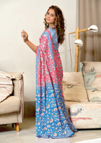 FLORAL HAND BLOCK STYLE PRINT MULMUL COTTON OLIVE PINK SAREE