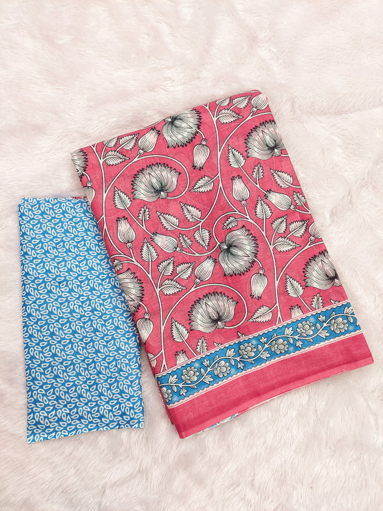 FLORAL HAND BLOCK STYLE PRINT MULMUL COTTON OLIVE PINK SAREE