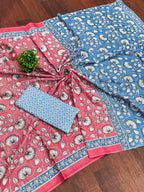 FLORAL HAND BLOCK STYLE PRINT MULMUL COTTON OLIVE PINK SAREE