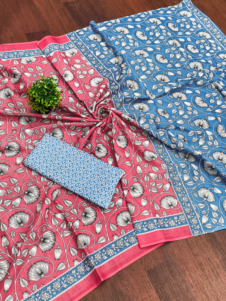 FLORAL HAND BLOCK STYLE PRINT MULMUL COTTON OLIVE PINK SAREE