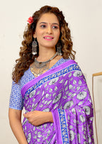 FLORAL HAND BLOCK STYLE PRINT MULMUL COTTON OLIVE PURPLE SAREE