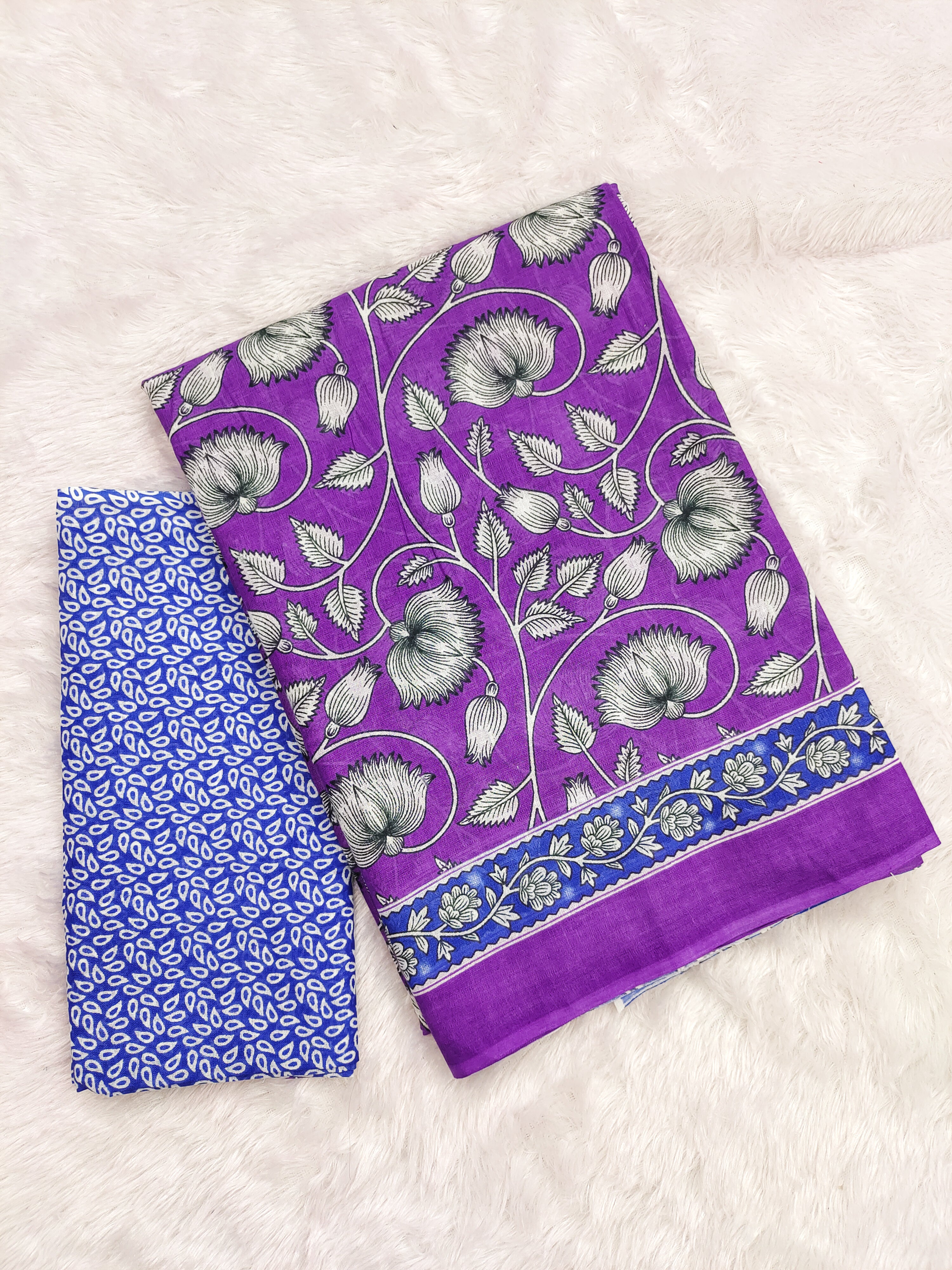 FLORAL HAND BLOCK STYLE PRINT MULMUL COTTON OLIVE PURPLE SAREE