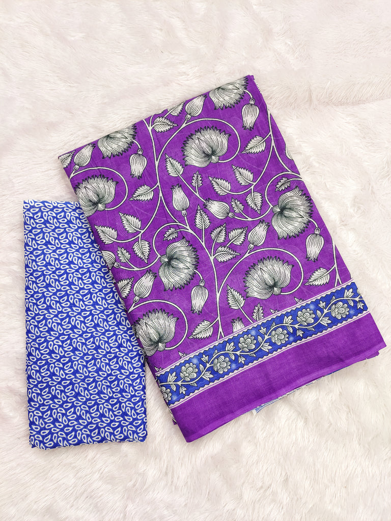 FLORAL HAND BLOCK STYLE PRINT MULMUL COTTON OLIVE PURPLE SAREE