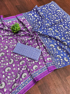 FLORAL HAND BLOCK STYLE PRINT MULMUL COTTON OLIVE PURPLE SAREE