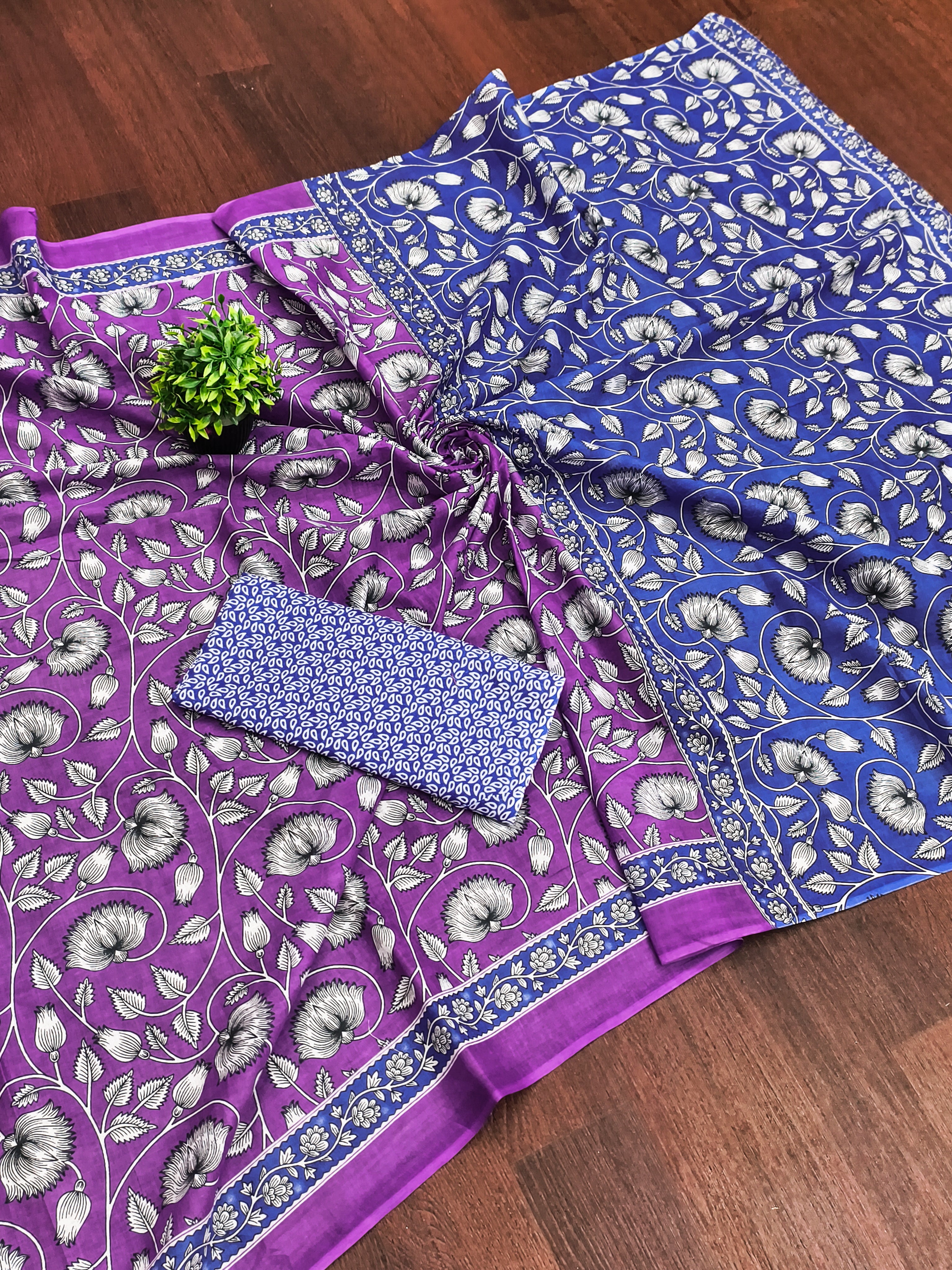 FLORAL HAND BLOCK STYLE PRINT MULMUL COTTON OLIVE PURPLE SAREE