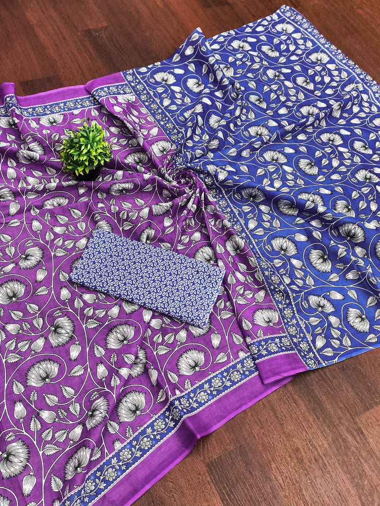 FLORAL HAND BLOCK STYLE PRINT MULMUL COTTON OLIVE PURPLE SAREE