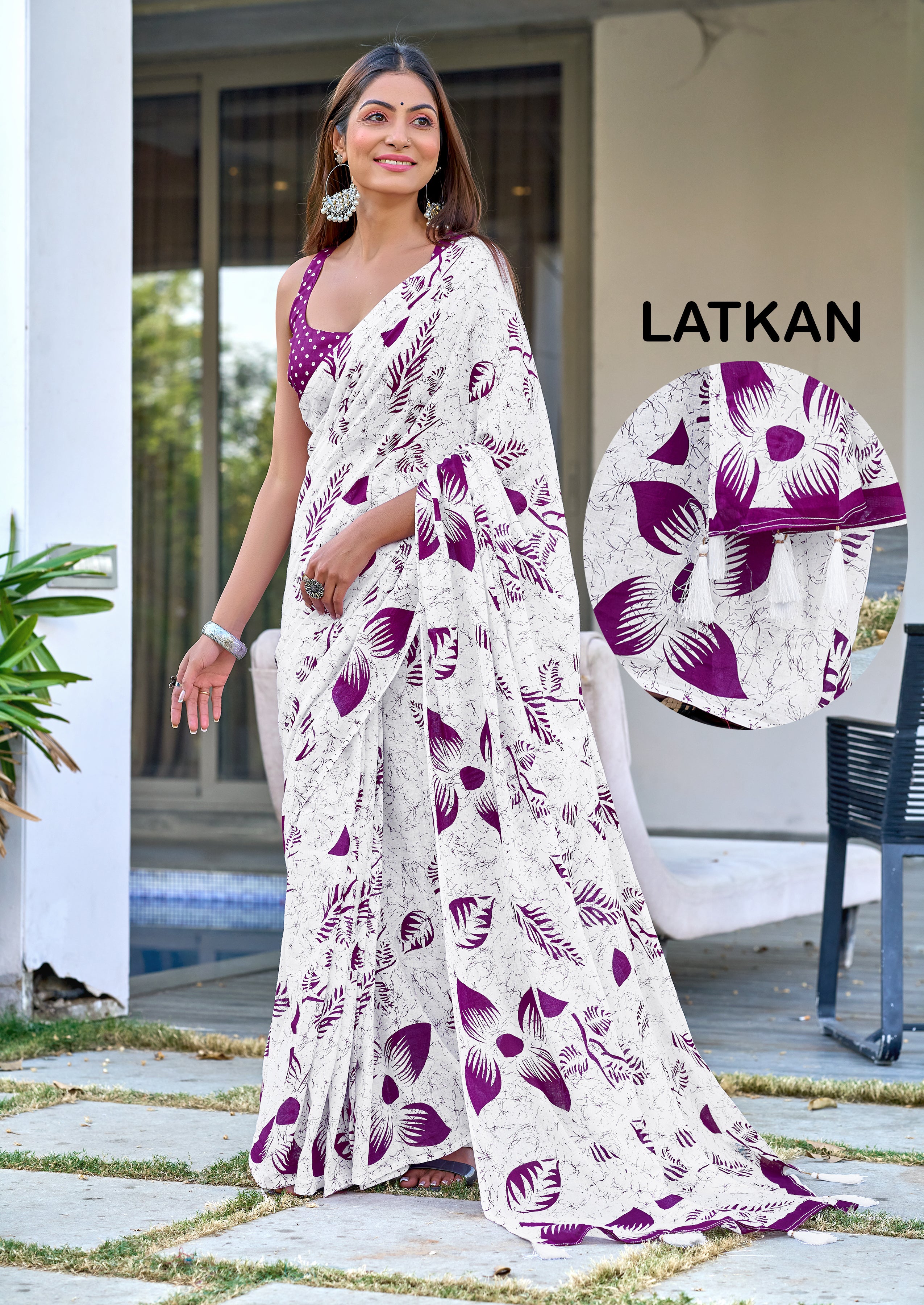 Akruti Floral Hand Block Printed Sarees With Fancy Latkan