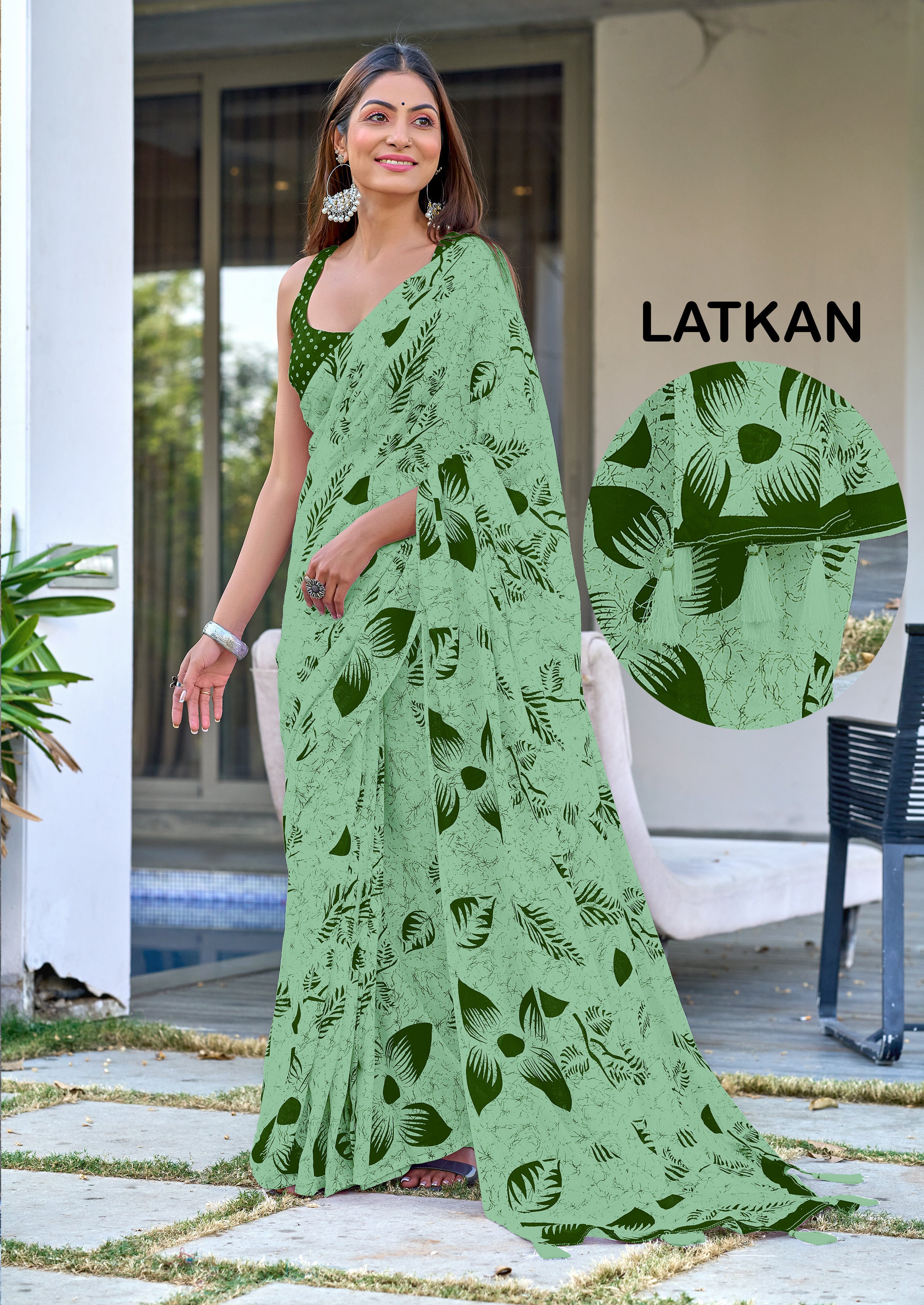 Akruti Floral Hand Block Printed Sarees With Fancy Latkan